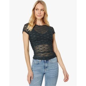 Free People Intimately Lace Floral Short Sleeve Black Top XS